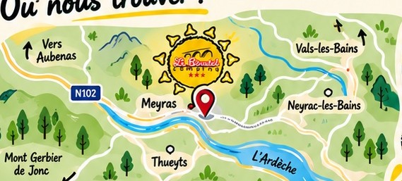 Carte illustrée situant le Camping Le Barutel près de Meyras